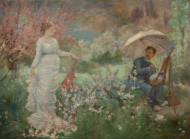 O pintor e seu modelo em um jardim florido - Marie Bracquemond