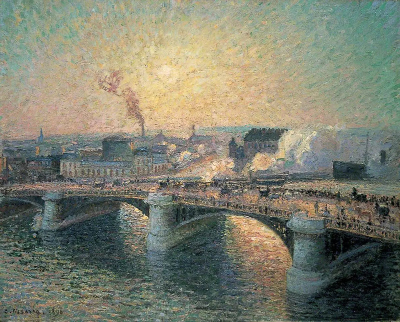 A Ponte Boieldieu, Rouen, Pôr do Sol - Camille Pissarro