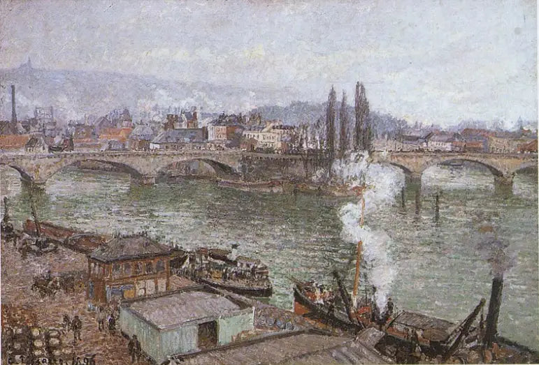A ponte de pedra em Rouen, tempo cinza - Camille Pissarro