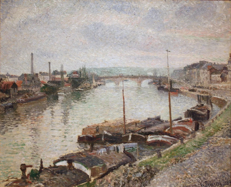 A ponte de pedra e os barcos a vapor em Rouen - Camille Pissarro