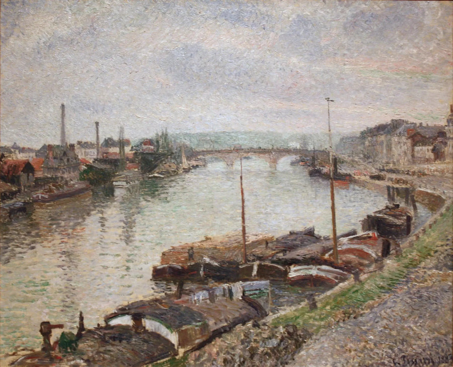 A ponte de pedra e os barcos a vapor em Rouen - Camille Pissarro