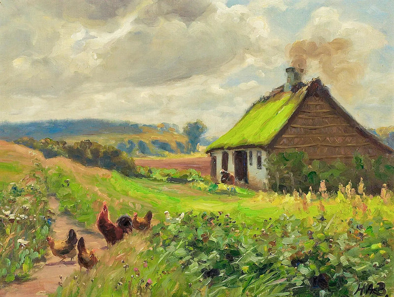 A primavera com uma casa, uma mulher e galinhas. - H. A. Brendekilde