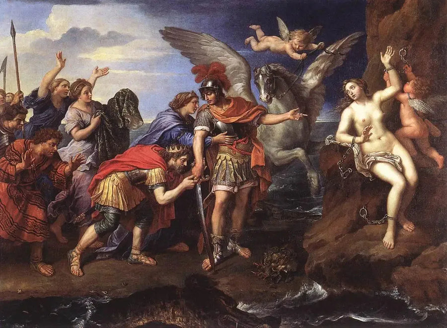 O Rei Céfée e a Rainha Cassiopéia agradecendo a Perseu por ter libertado sua filha Andrômeda - Pierre Mignard