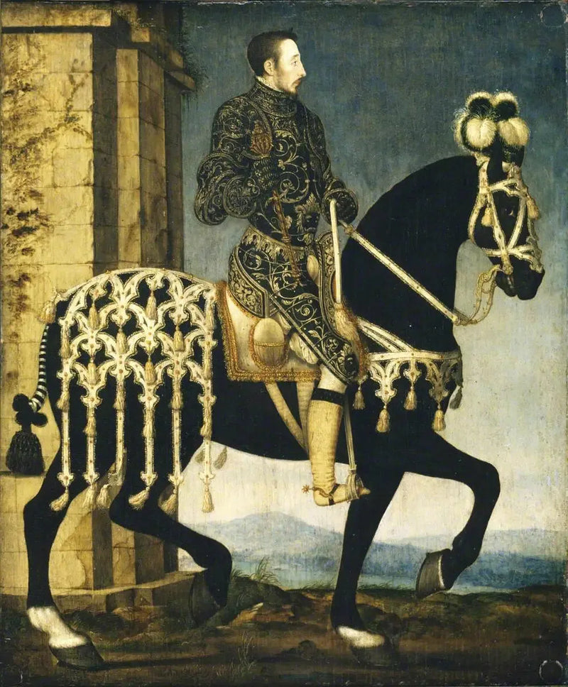 O rei Henrique II, rei da França (1519-1559) a cavalo - François Clouet