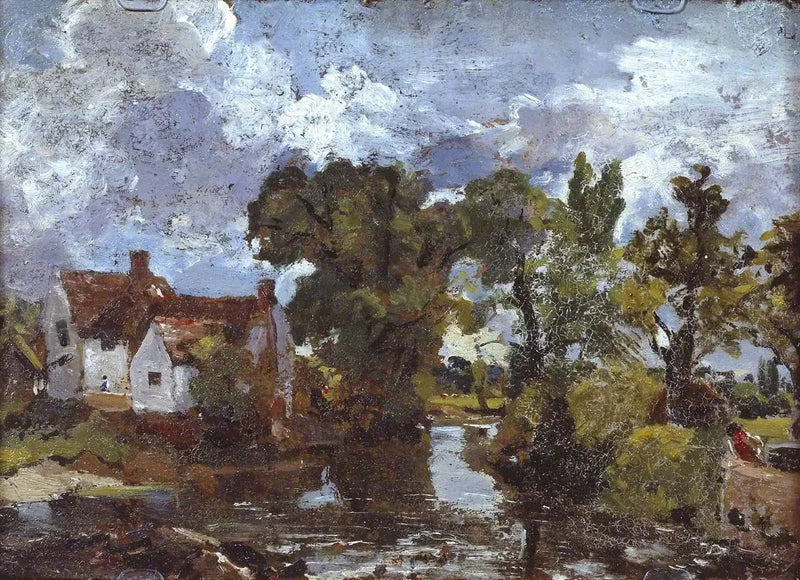 O riacho do moinho. Verso: Cena noturna com ponte - John Constable