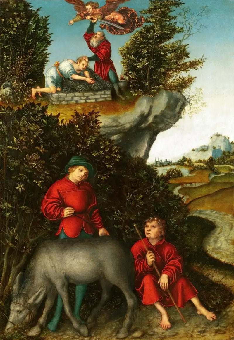 O sacrifício de Abraão: Um anjo impede Abraão de sacrificar Isaac; os servos aguardam aos pés da montanha (Gênesis 22:10-12) - Lucas Cranach, o Velho