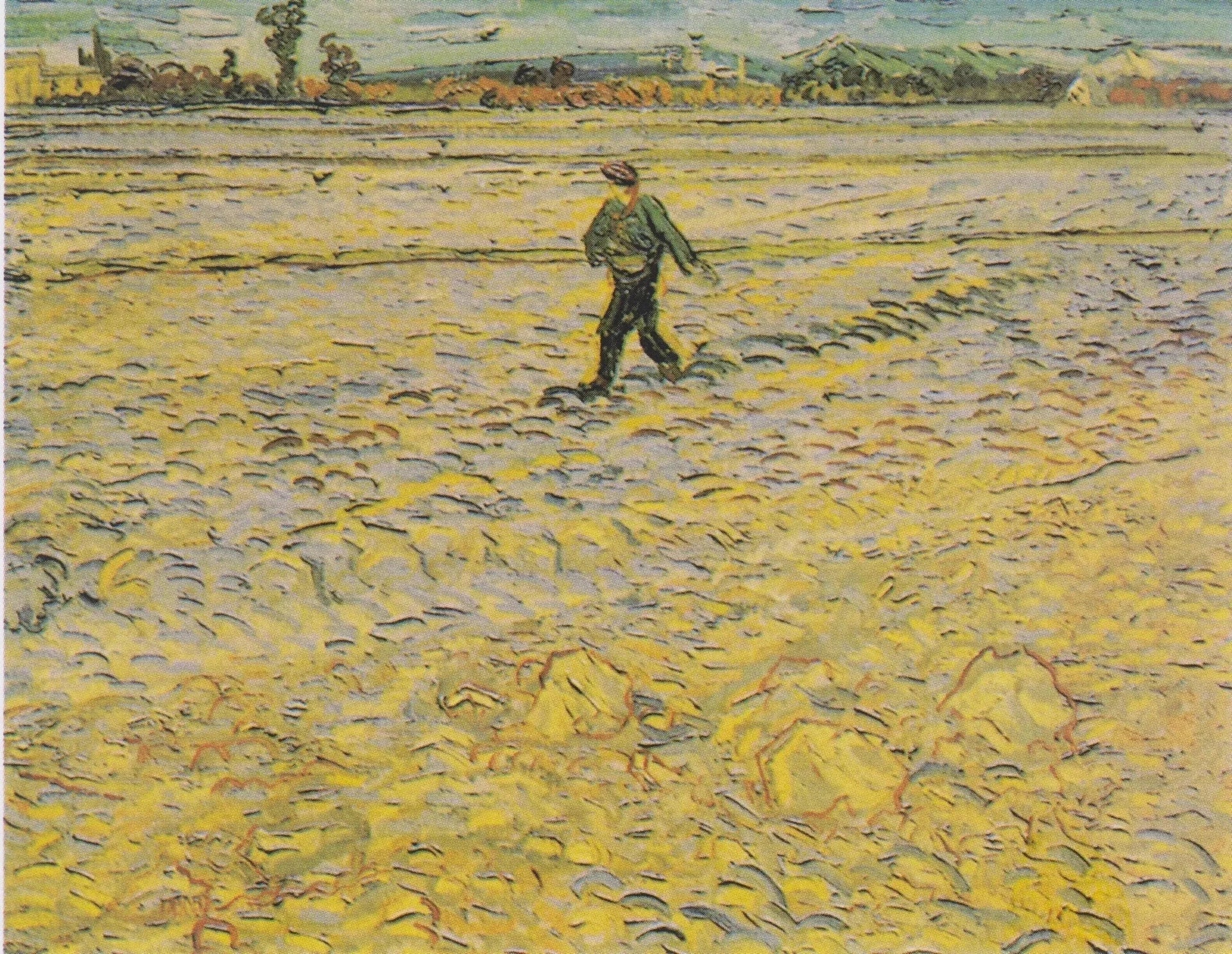 Le Semeur, F494 — paysan vert dans un vaste champ jaune peint par Vincent van Gogh à Arles