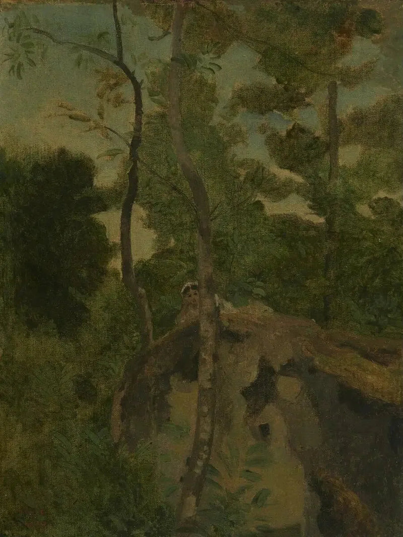 Les Alinges. Jovem deitada sobre uma rocha sob árvores - Jean-Baptiste Camille Corot