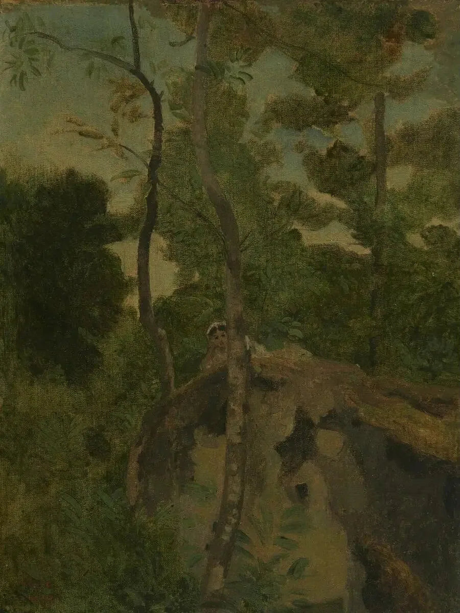 Les Alinges. Jovem deitada sobre uma rocha sob árvores - Jean-Baptiste Camille Corot