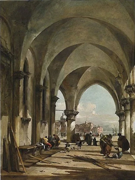 Arcos do palácio Dodge, Veneza, em direção à basílica San Giorgio Maggiore - Francesco Guardi