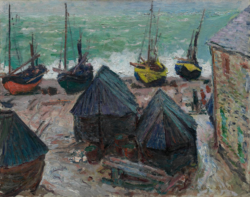 Os barcos na praia em Étretat - Claude Monet