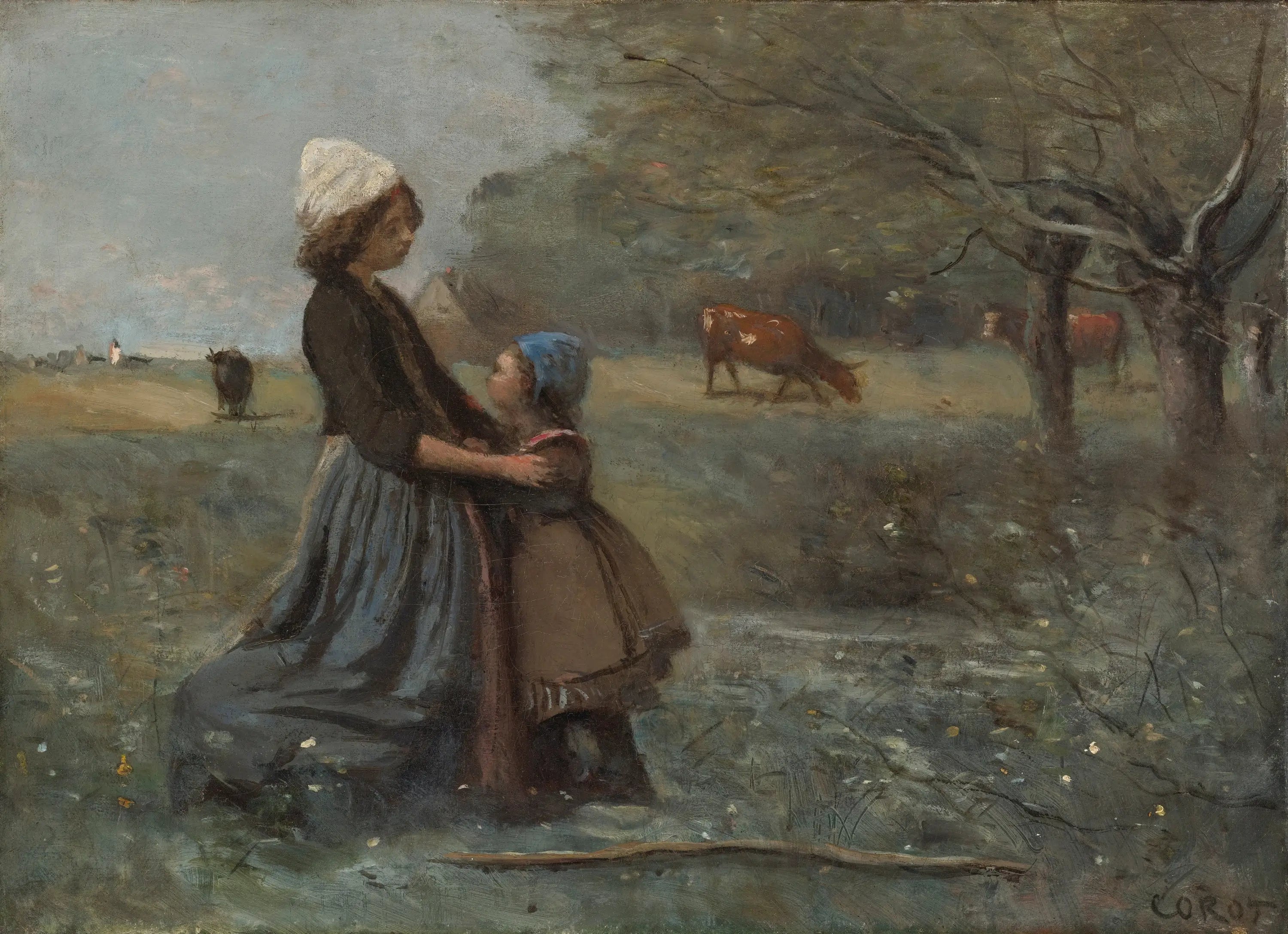 Les Deux Sœurs dans la prairie - Jean-Baptiste Camille Corot image 1 reproduction artisanale de tableau