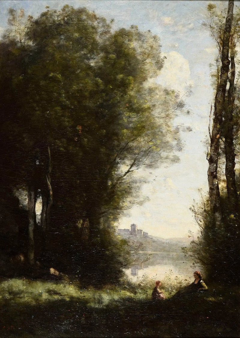 As duas irmãs sob as árvores à beira do lago - Jean-Baptiste Camille Corot