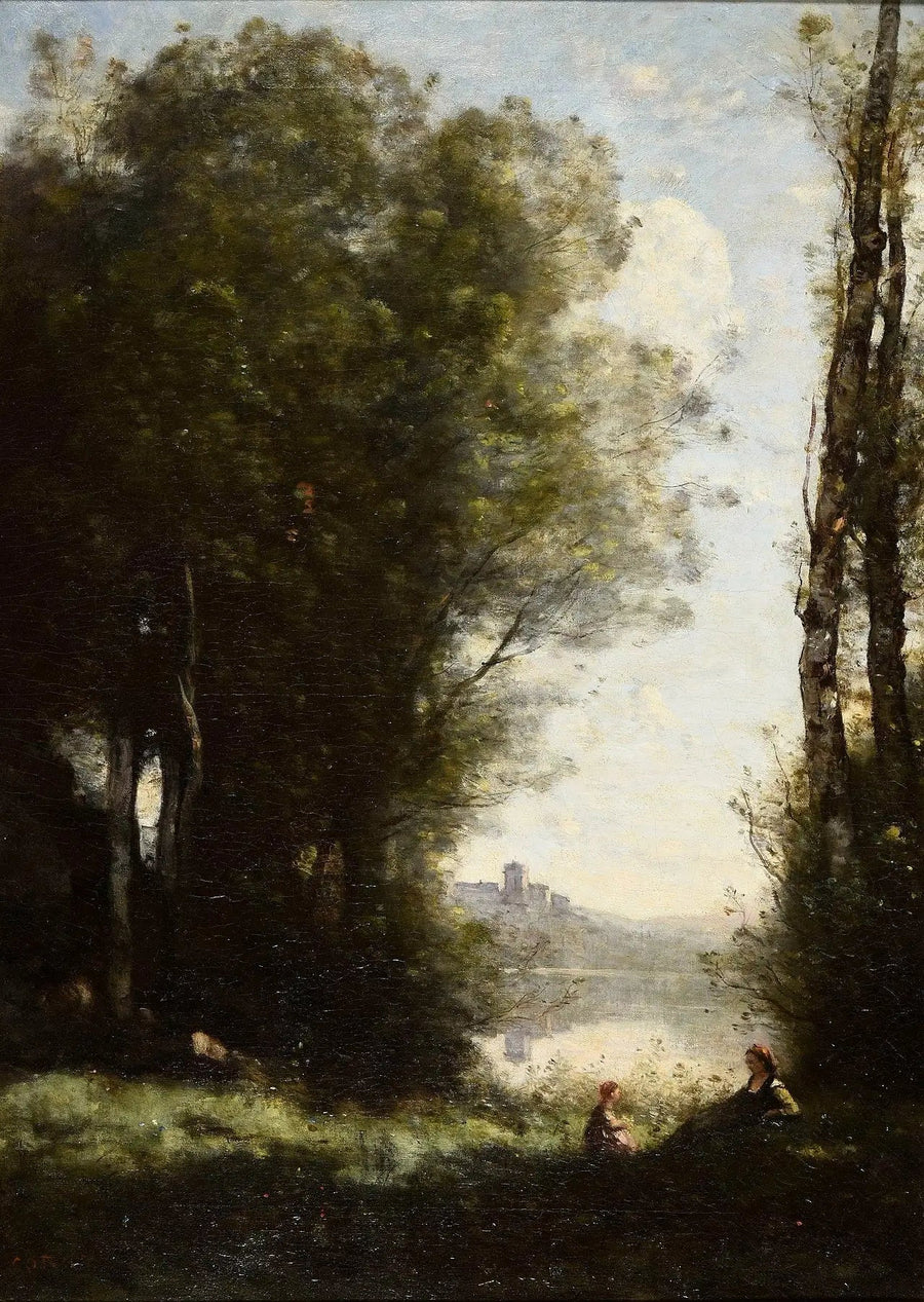 As duas irmãs sob as árvores à beira do lago - Jean-Baptiste Camille Corot
