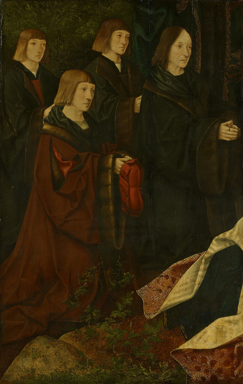 Os doadores Korsgen Elbertzen e seus filhos Dirck e Albert estão à esquerda, com as doadoras à direita. - Jacob Cornelisz van Oostsanen
