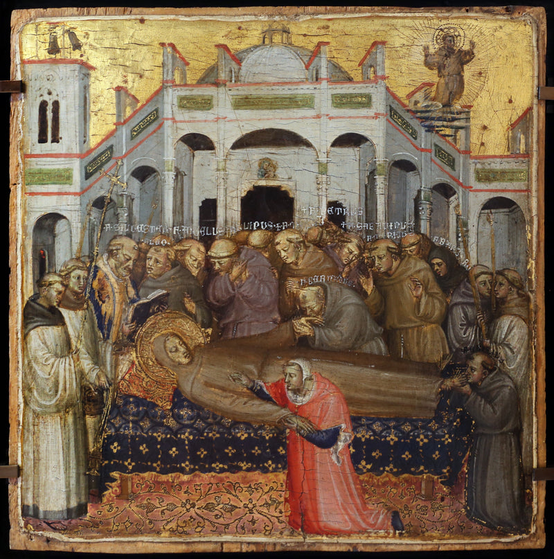 Os funerais de São Francisco: verificação dos estigmas na presença dos primeiros irmãos franciscanos, Sylvestre, Angélus, Léon, Philippe, Pierre, Bernard, Sabatinus, Barbaro, Gilles, Masseus, Maurice. - Bicci di Lorenzo