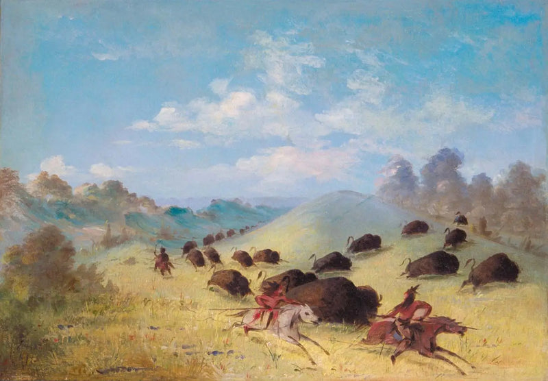 Os índios Comanches caçando bisões com lanças e arcos - George Catlin