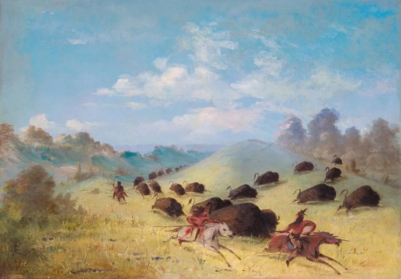 Os índios Comanches caçando bisões com lanças e arcos - George Catlin
