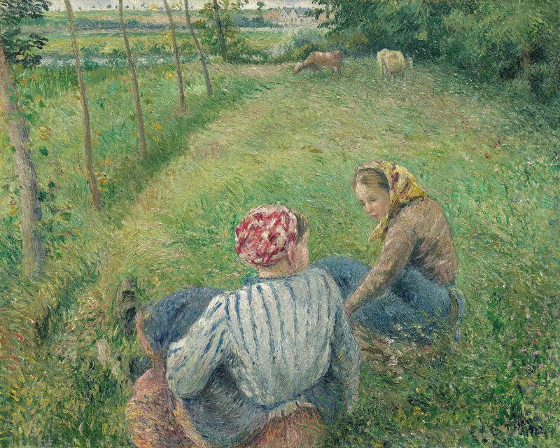 As jovens camponesas descansando nos campos perto de Pontoise - Camille Pissarro