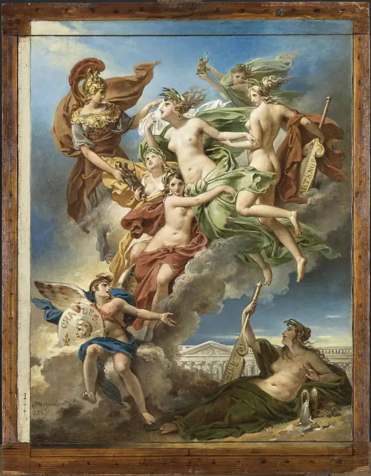 As Ninfas de Parthenope, importantes longe de suas margens, as Penates, imagens de seus deuses, são conduzidas pela deusa das belas-artes às margens do Sena - Charles Meynier