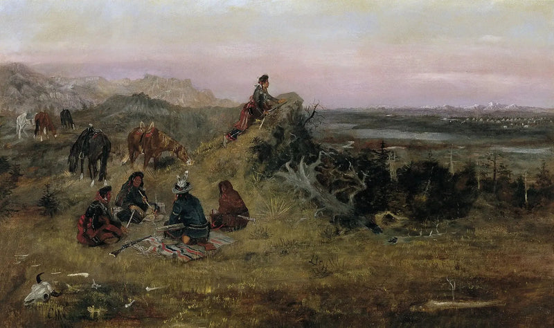 Os Piégans se preparam para roubar os cavalos dos corvos - Charles Marion Russell