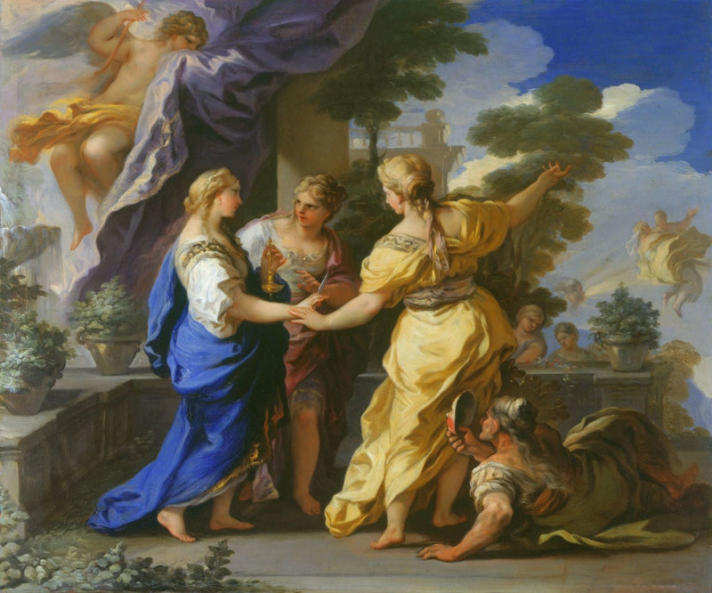 As irmãs de Psique lhe oferecem uma lâmpada e uma adaga. - Luca Giordano