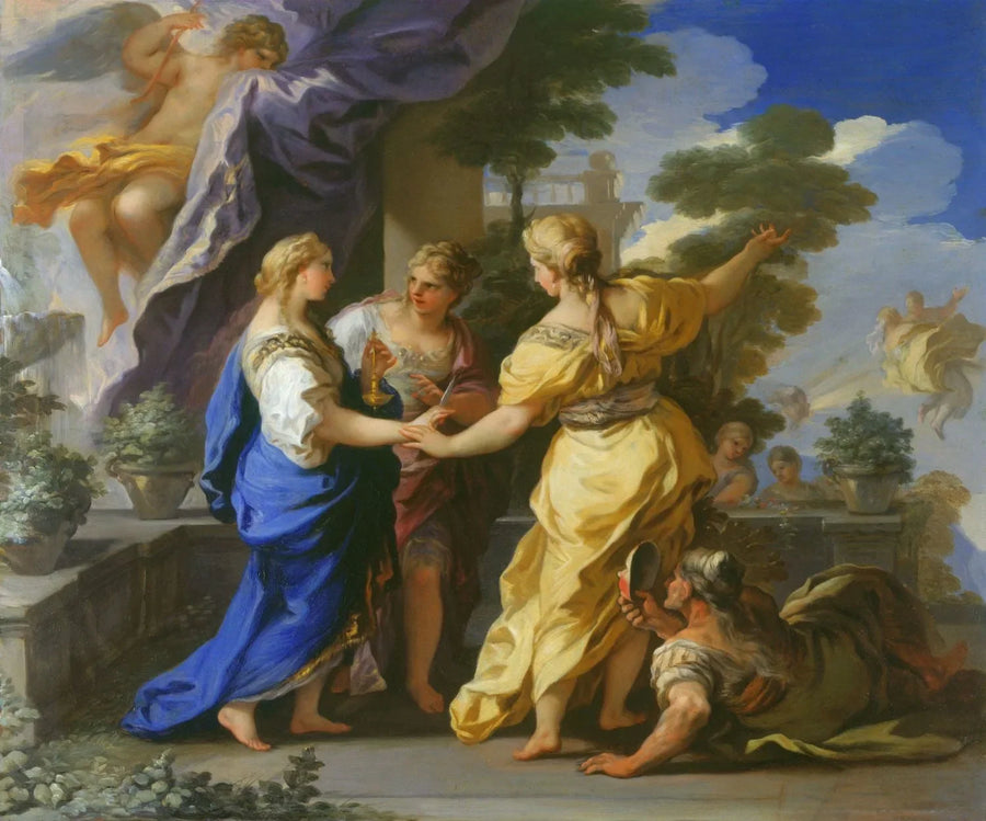 As irmãs de Psique lhe oferecem uma lâmpada e uma adaga. - Luca Giordano