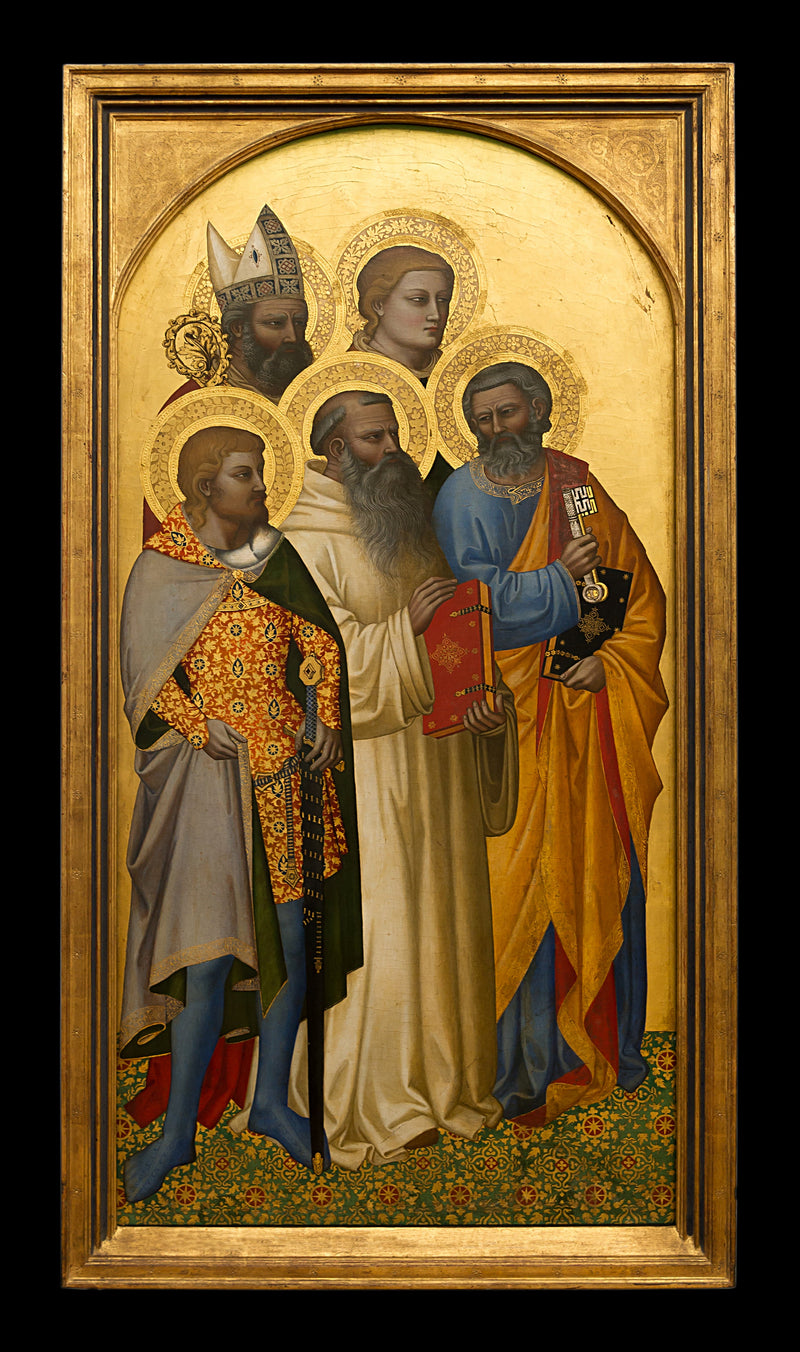 os Santos Pedro, Benoît, Julien (?), Étienne (?) e um santo bispo (Nicolau de Bari ?). - Nardo di Cione