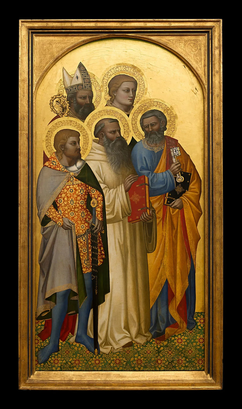os Santos Pedro, Benoît, Julien (?), Étienne (?) e um santo bispo (Nicolau de Bari ?). - Nardo di Cione