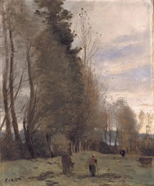 Local de descanso do rancho, fazendeiro e três vacas - Jean-Baptiste Camille Corot