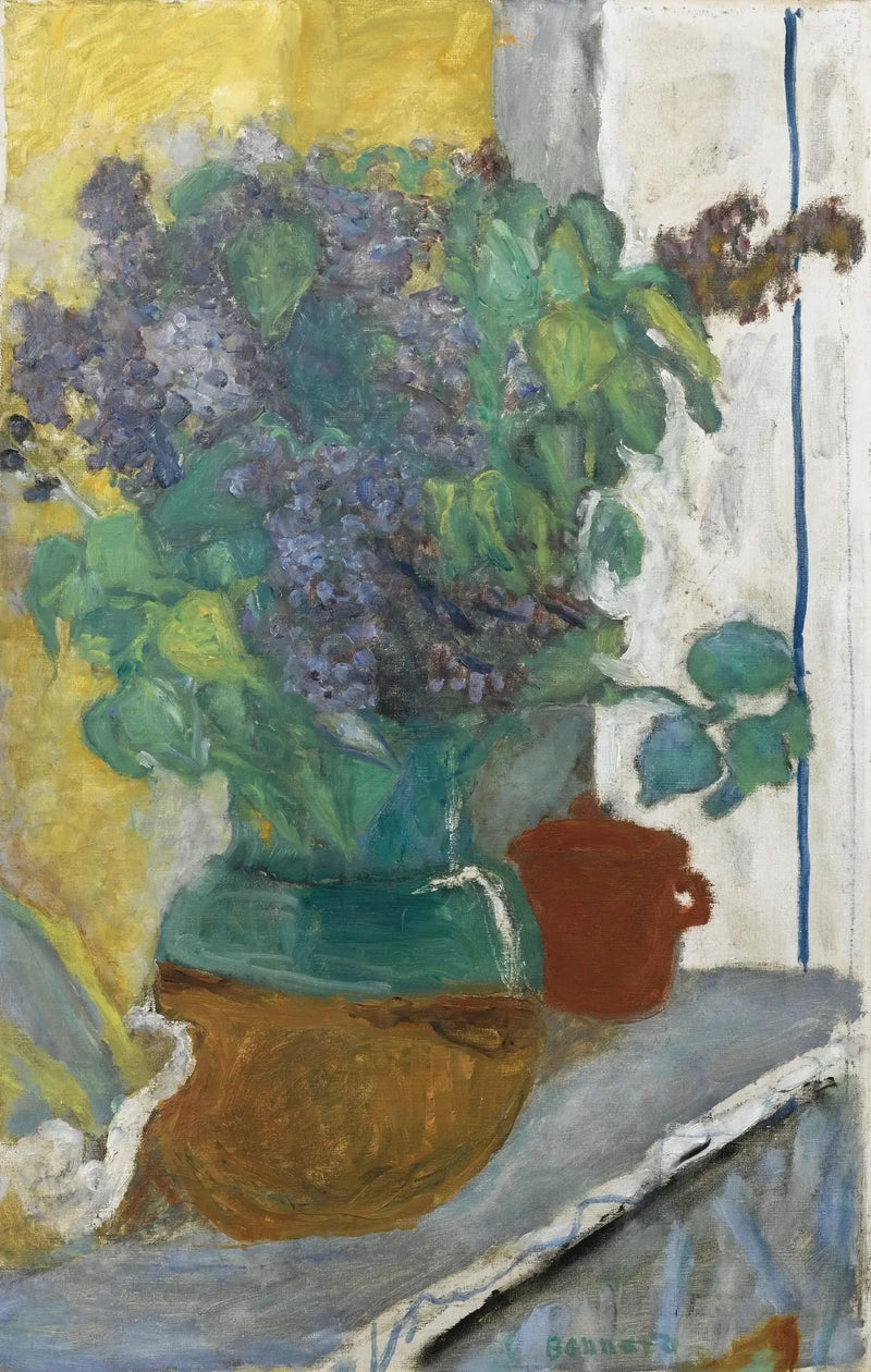 Lilás mauve em um vaso de barro amarelo e verde - Pierre Bonnard
