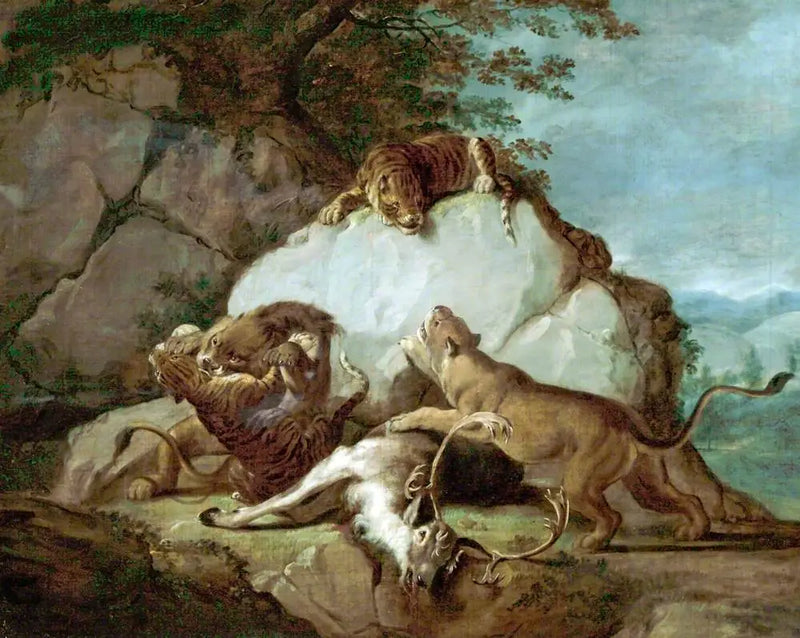 Leões e tigres lutando por um cervo - George Stubbs