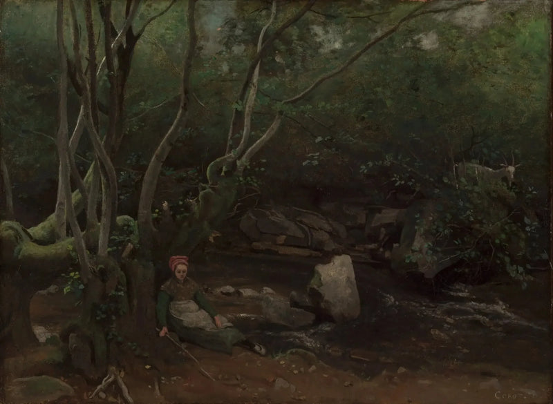 Lormes, Uma pastora sentada à beira de um riacho sob árvores - Jean-Baptiste Camille Corot