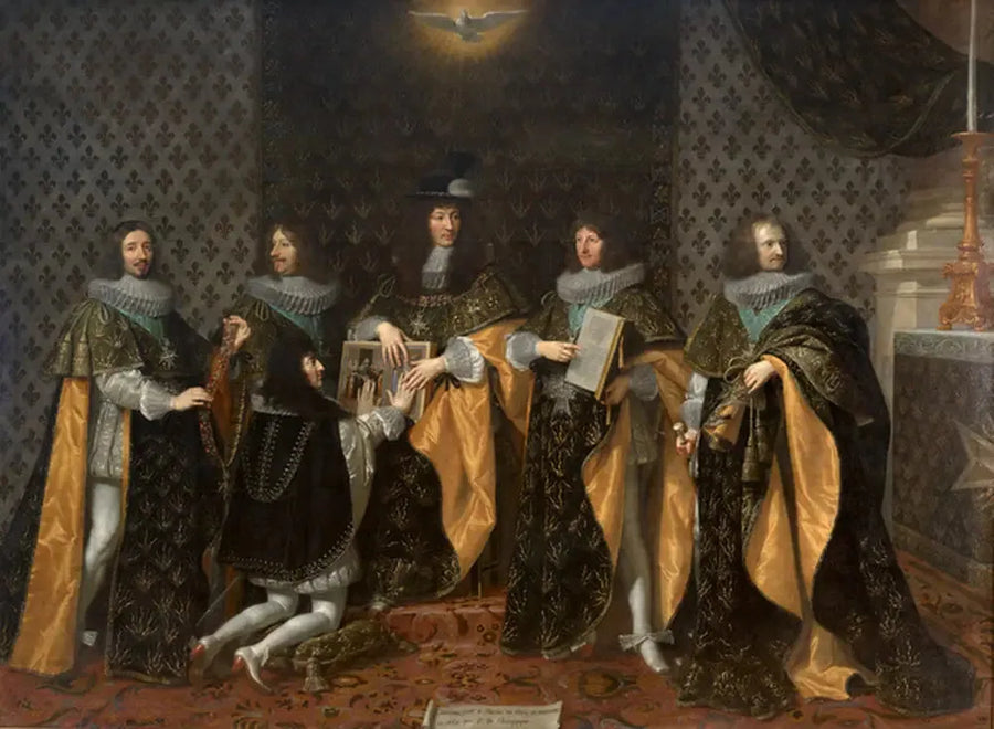 Louis XIV no dia seguinte à sua coroação, recebe o juramento de seu irmão Senhor, duque de Anjou, como cavaleiro da Ordem do Espírito Santo em Reims, em 8 de junho de 1654 - Philippe de Champaigne