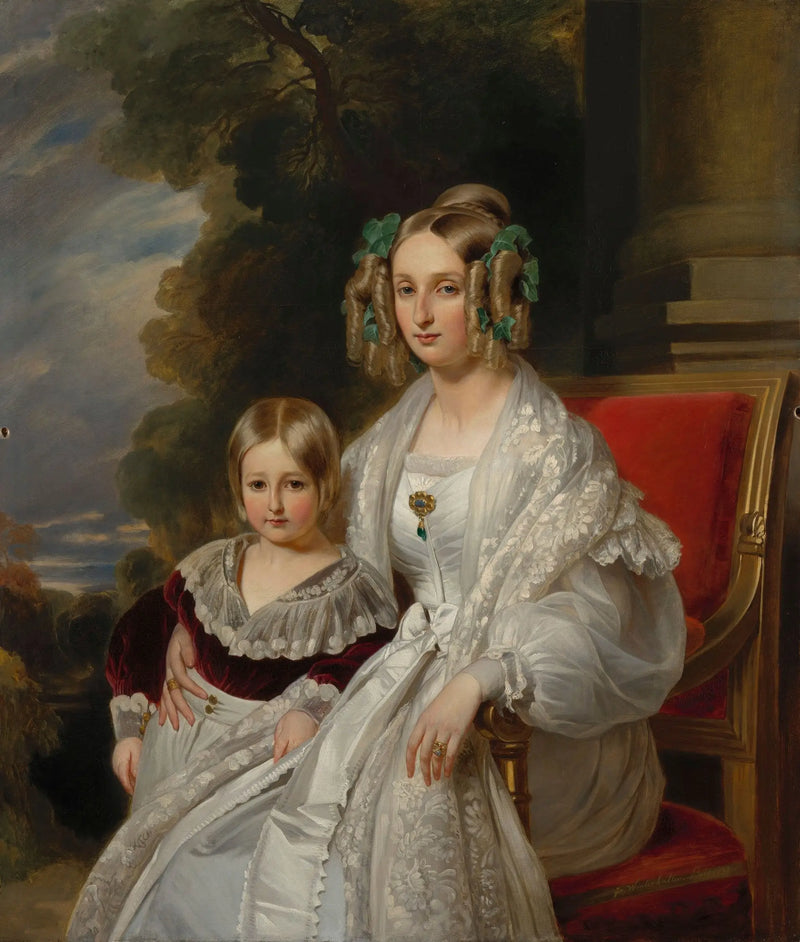 Louise, rainha dos Belgas com Leopoldo, duque de Brabante, futuro Leopoldo II, rei dos Belgas - Franz Xaver Winterhalter