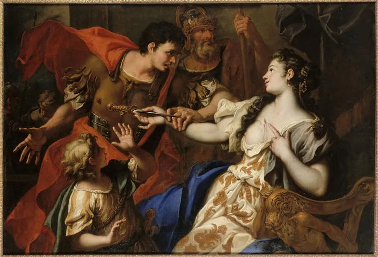 Lucrécia se suicidando diante dos olhos de seu pai Lucretius e de seu marido Tarquinius Collatinus - Sebastiano Ricci