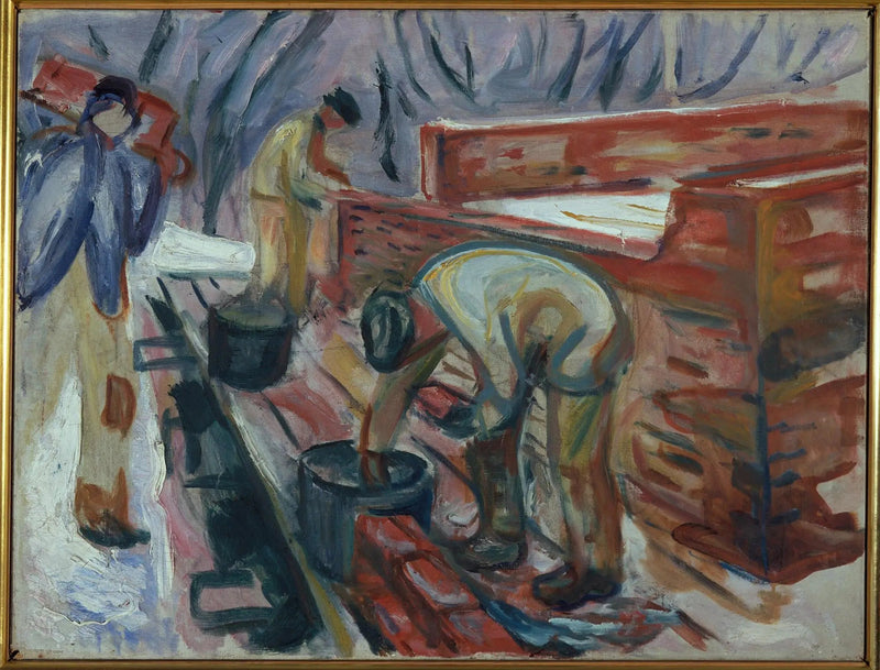 Pedreiros trabalhando no edifício do estúdio - Edvard Munch