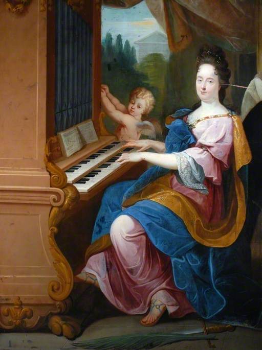 Madame de Maintenon no papel de Santa Cecília e um menino (talvez o duque de Maine) no papel de um anjo soprando em um órgão - Jean-Baptiste Jouvenet