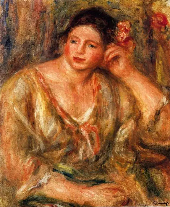 Madeleine apoiada no cotovelo com flores no cabelo - Pierre-Auguste Renoir