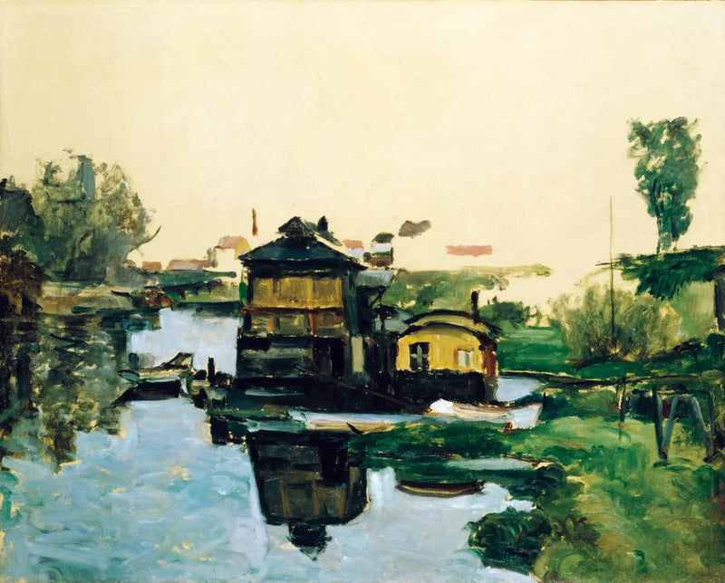 Casas flutuantes em um rio - Paul Cézanne