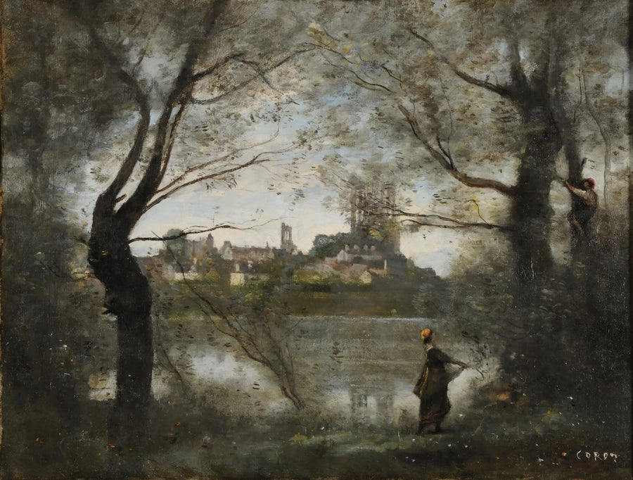 Mantes, a Catedral e a Cidade vistas através das árvores, à noite - Jean-Baptiste Camille Corot