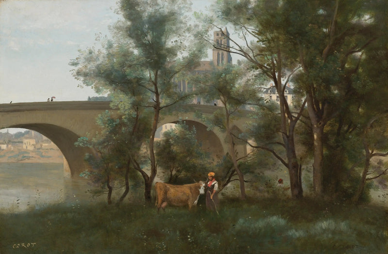 Mantes, as margens do Sena aos pés da ponte - Jean-Baptiste Camille Corot
