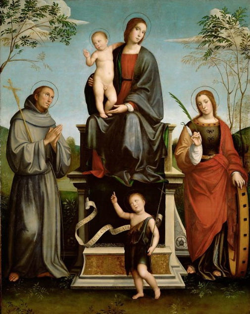 Maria com o Menino, São Francisco, Santa Catarina e o Jovem São João Batista - Francesco Francia