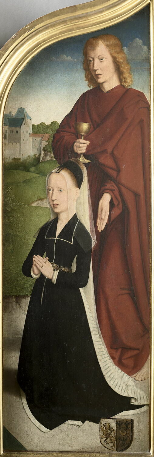 Marie, esposa de Jean de Sedano, em oração com São João Evangelista; face externa: Eva, nua - Gérard David