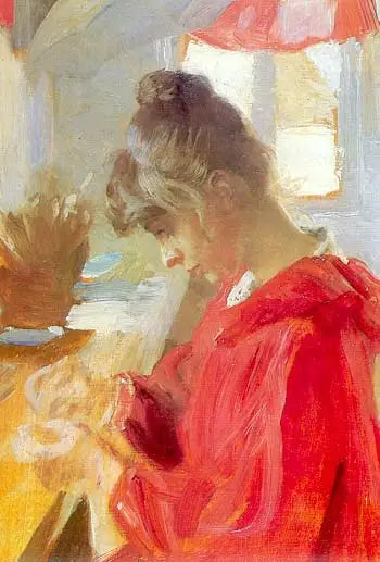 Marie está sentada a uma mesa costurando - Peder Severin Krøyer