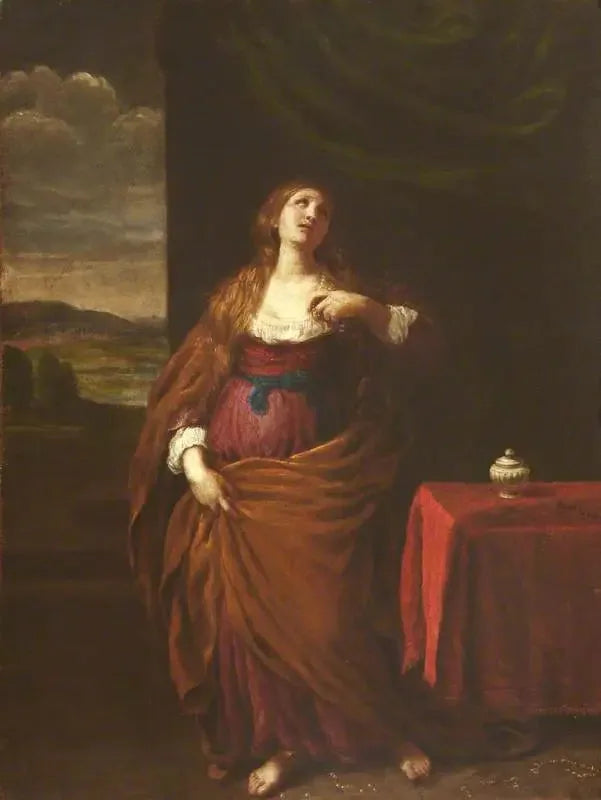 Maria Madalena de pé, de corpo inteiro, com vista para uma vasta paisagem ao fundo - Guido Reni