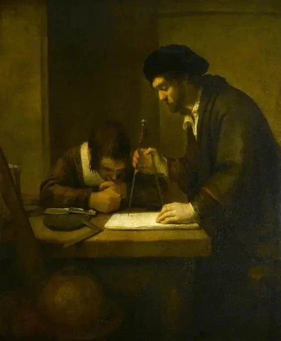 O matemático, um erudito com divisores e um esquadro em uma mesa em seu escritório assistido por um aluno - Rembrandt