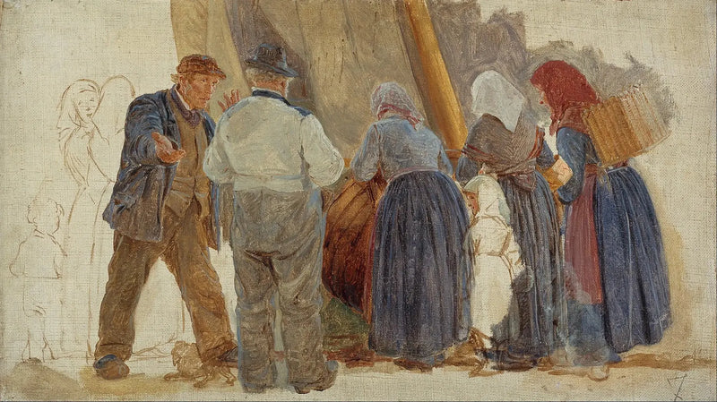 Manhã em Hornbæk. Homens e mulheres negociando - Peder Severin Krøyer