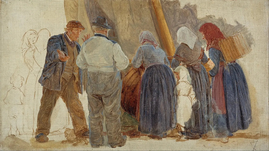 Manhã em Hornbæk. Homens e mulheres negociando - Peder Severin Krøyer