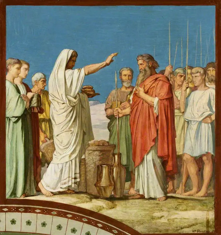 Melquisedeque oferecendo pão e vinho, abençoa Abraão : Modelo para a pintura da nave esquerda de Saint-Germain-des-Prés, Paris, 1859 (Melquisedeque abençoa Abraão e oferece pão e vinho) - Hippolyte Flandrin
